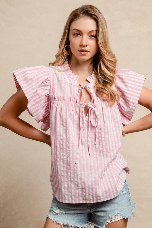 Jacquard Pink Striped Ruffle Sleeve Top