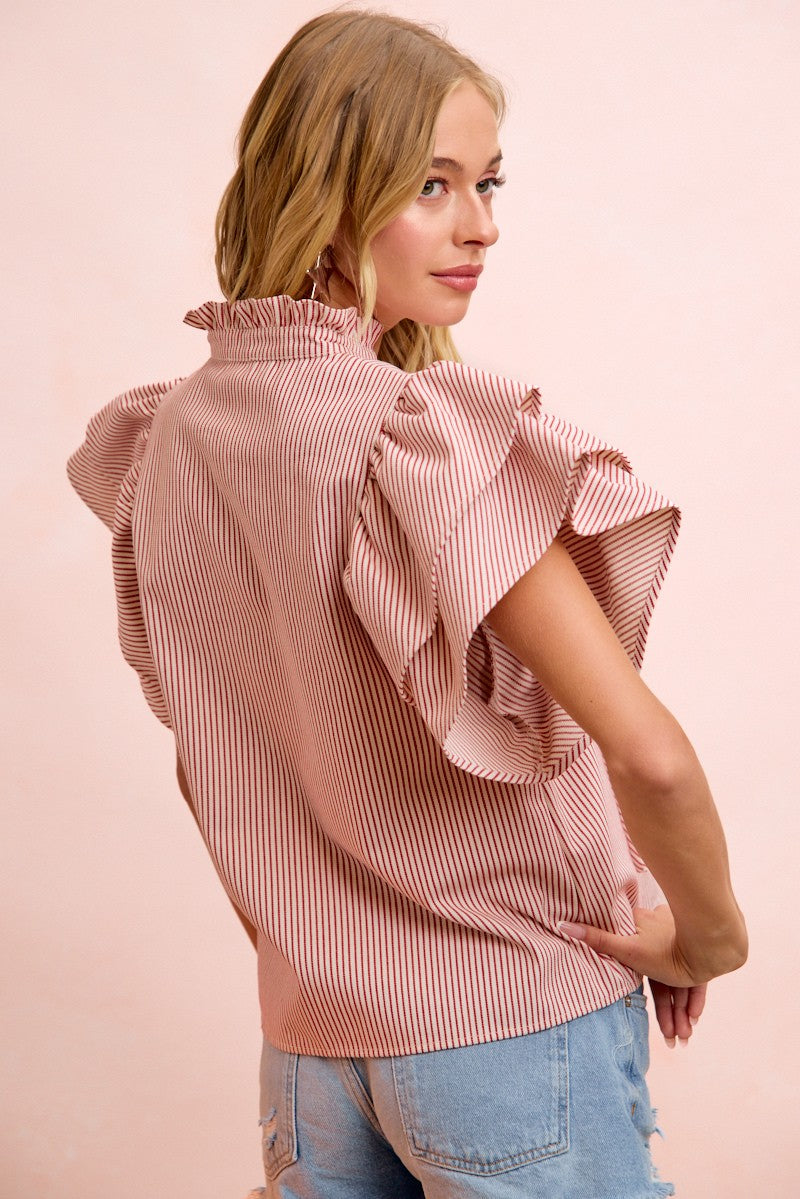 Red Twill Striped Ruffle Sleeve Top