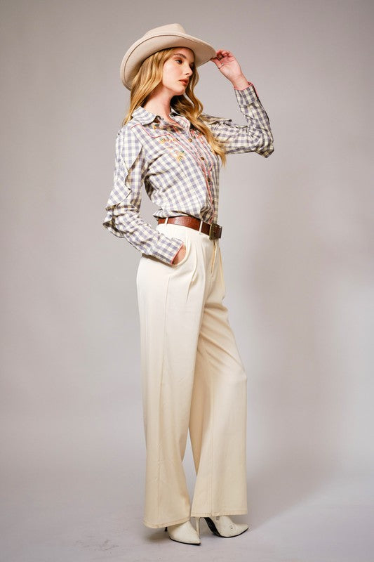 Gingham Floral Embroidered Snap Button Top