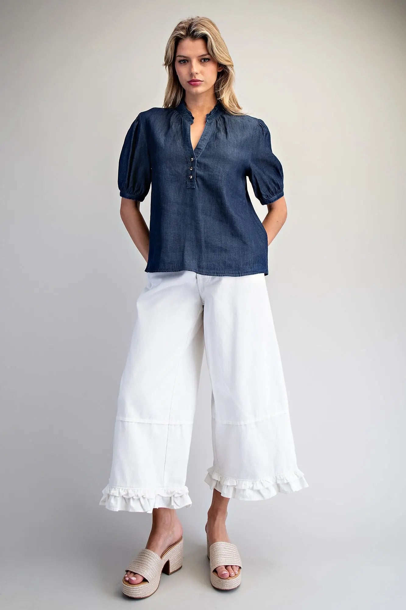 Ruffled Split V-Neck Blouse