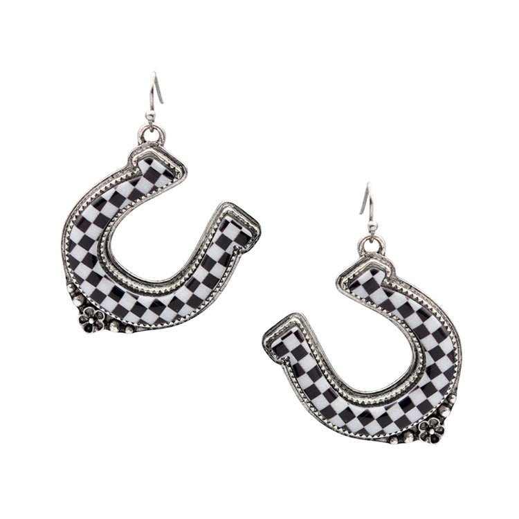 Checkered Horseshoe Dangle Earring