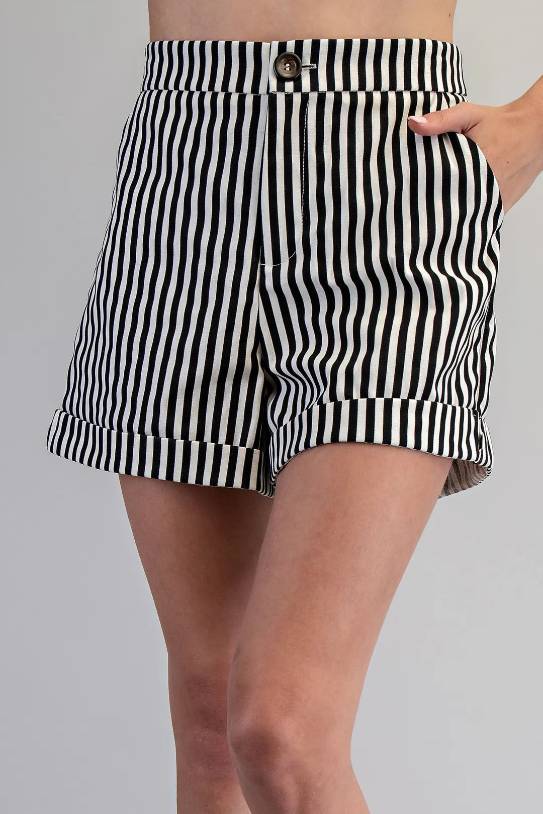 Black Striped Rolled Cuff Shorts