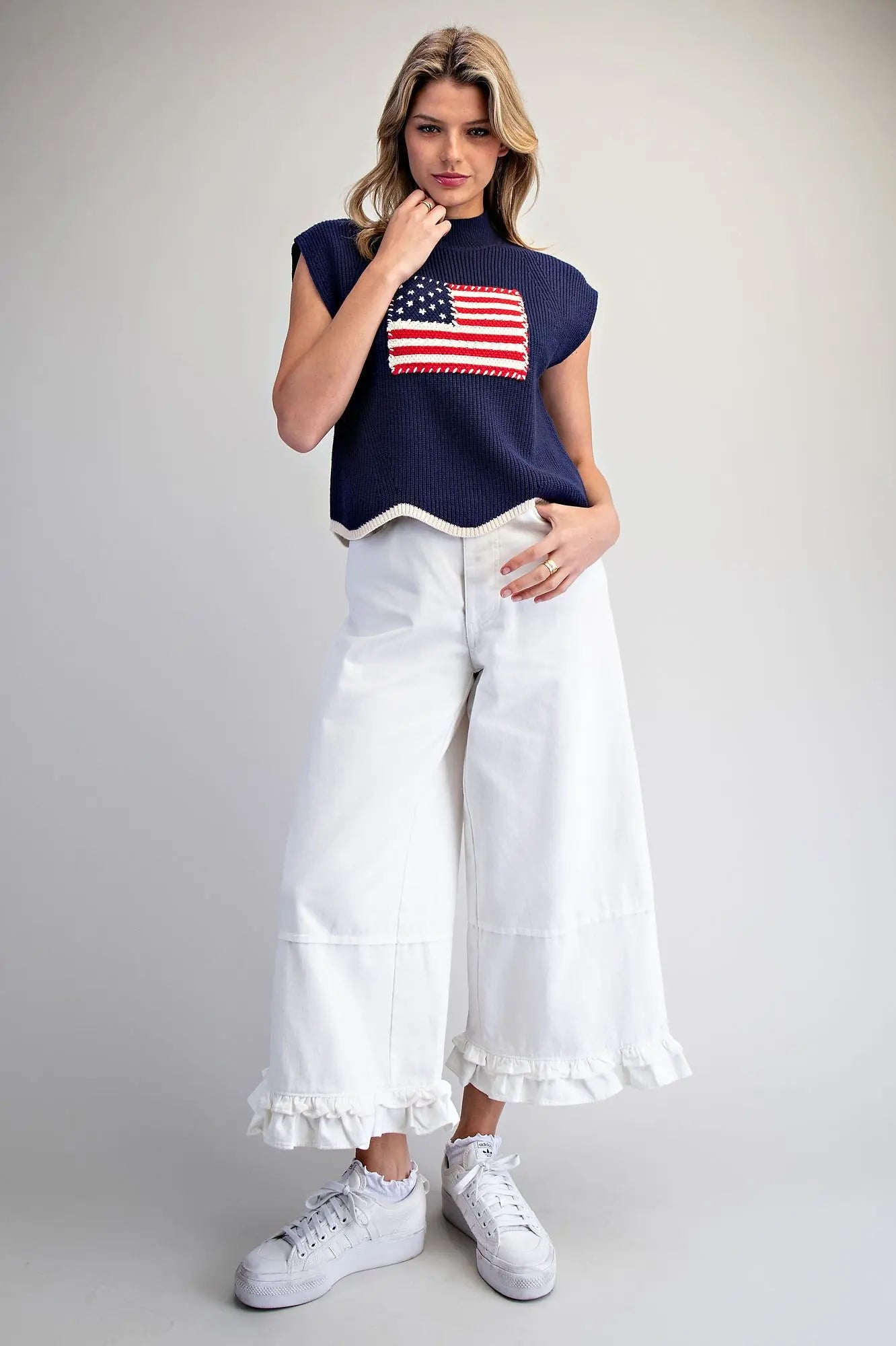 American Flag Scalloped Hem Knit Top- Navy