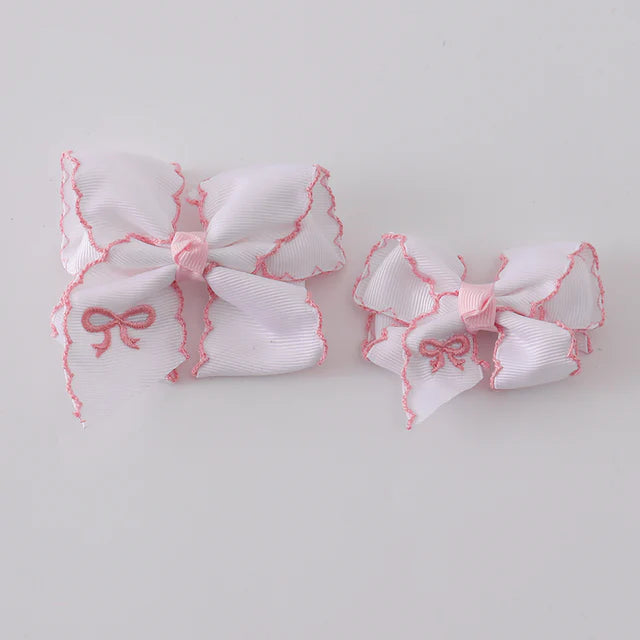 White Embroidered Hair Bow- 2 sizes