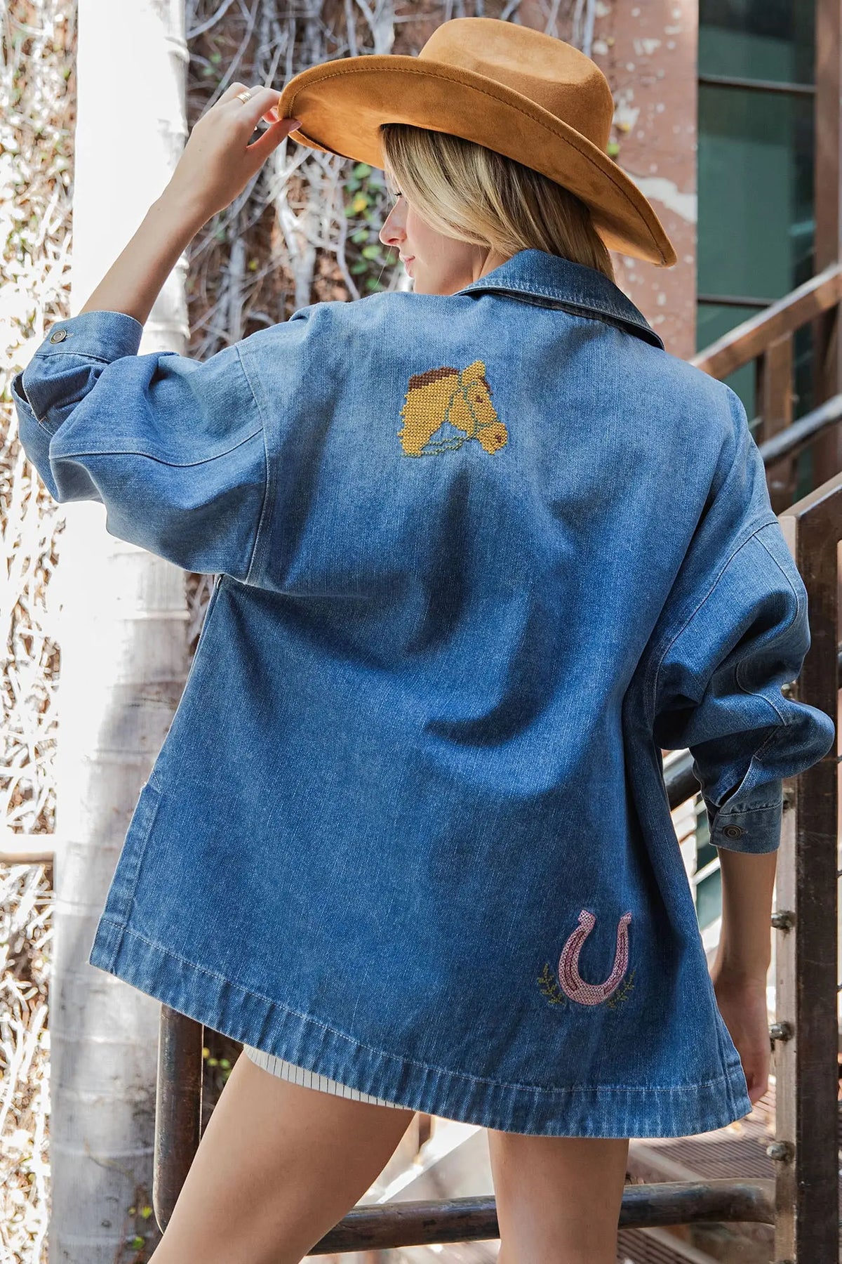 Mineral Washed Western Embroidered Denim Jacket