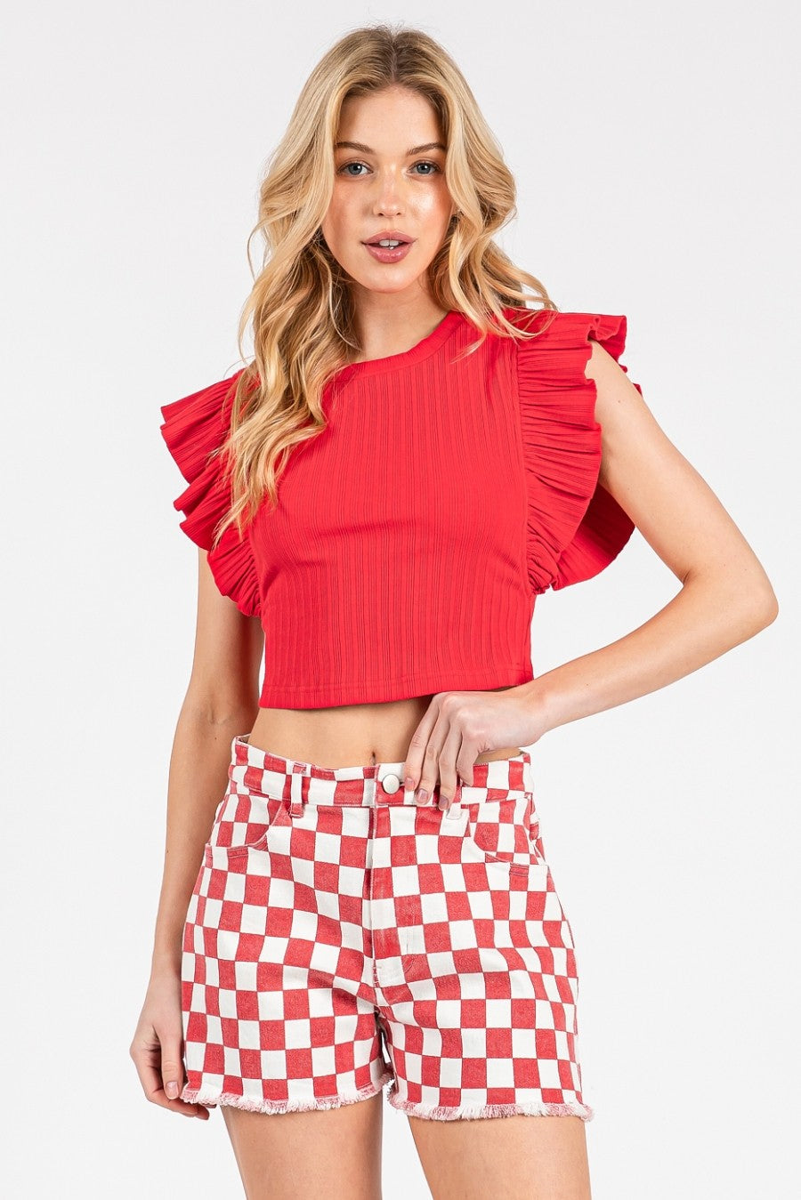 Red Checkered Denim Shorts