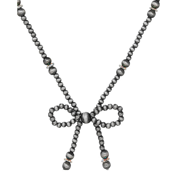 Pewter Pearl & Crystal Bow Necklace