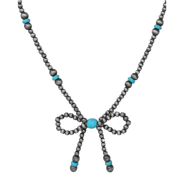 18" Pewter Pearl & Turquoise Bow Necklace