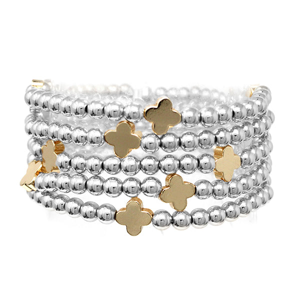 Gold Clover & Silver Beaded Stretch Bracelet- Set of 5