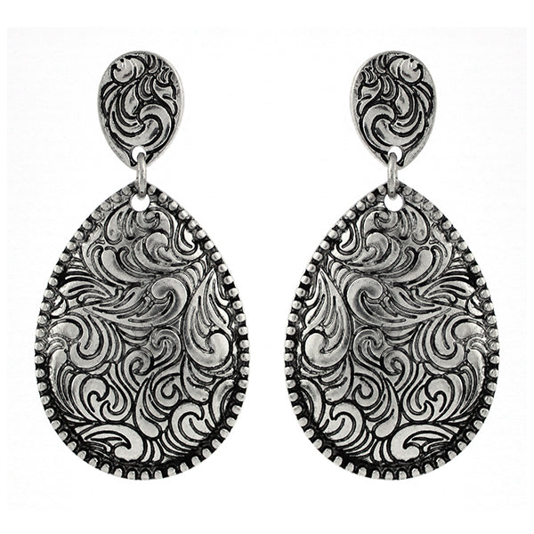 Silver Tooled Teardrop Dangle Earrings
