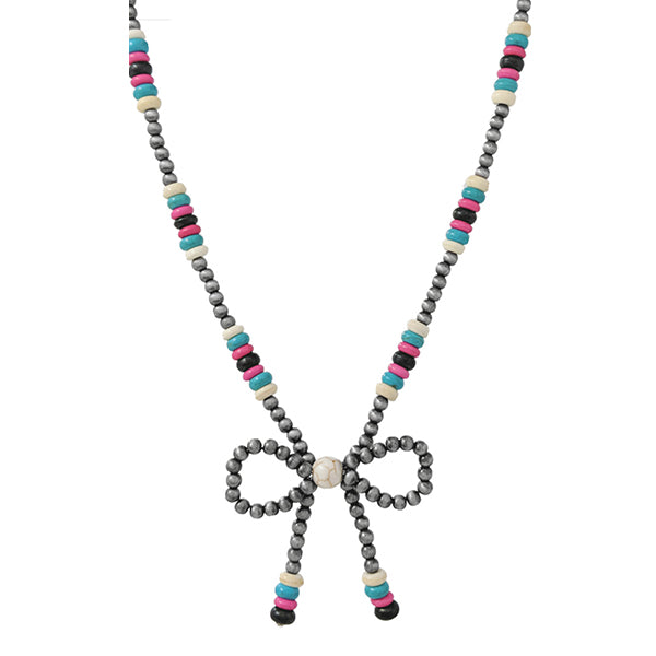 Pewter Pearl & Multi Bead Bow Necklace