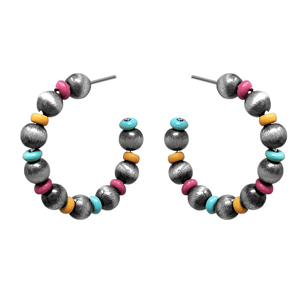 Pewter & Multi Beaded Hoop Post Earring