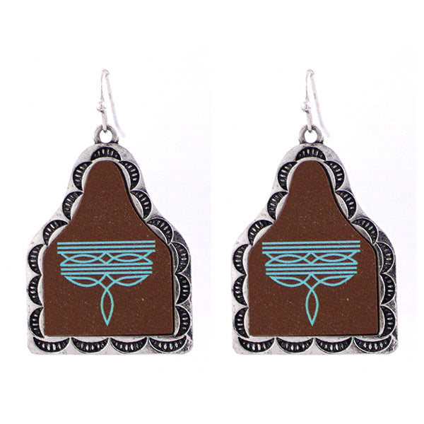 Brown Boot Stitch Cattle Tag Earrings