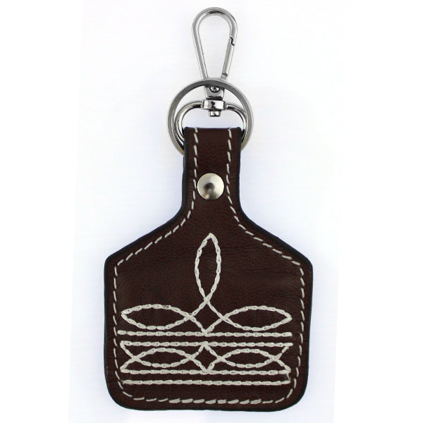 Brown Boot Stitch Leather Cow Tag Keychain