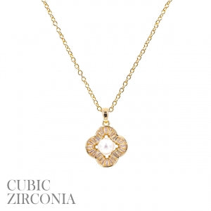 Gold Clover CZ & Pearl Necklace