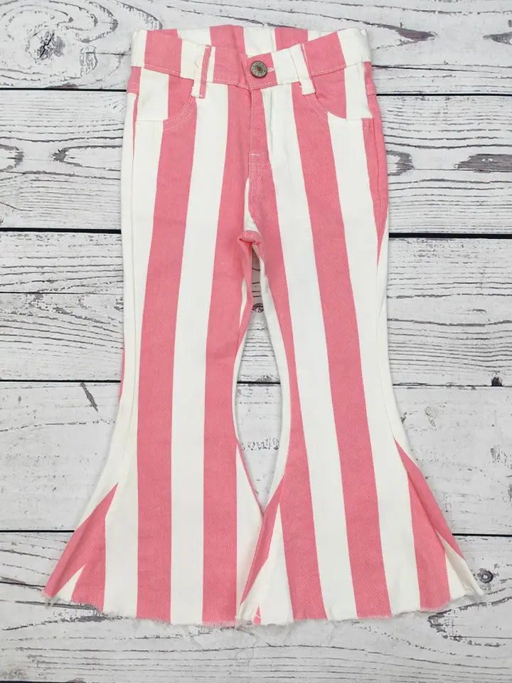 Girls Pink & White Striped Flare Jeans
