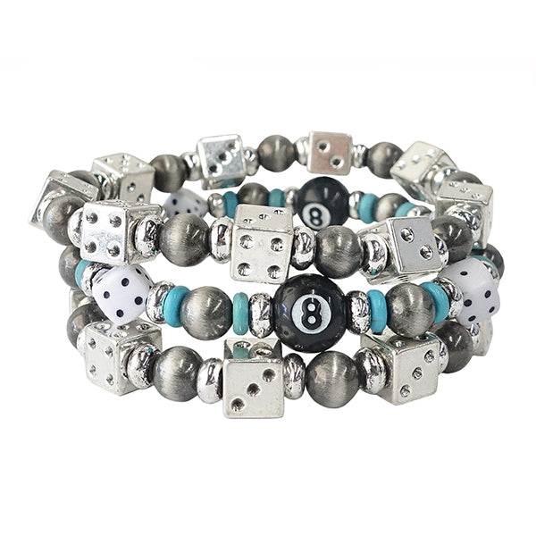 Dice & Eight Ball Stretchy Bracelet Set- Turquoise