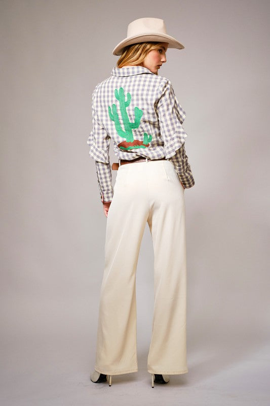 Gingham Floral Embroidered Snap Button Top