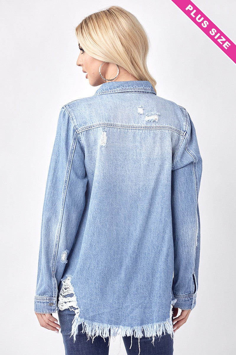 Risen Distressed Denim Shirt Plus Size