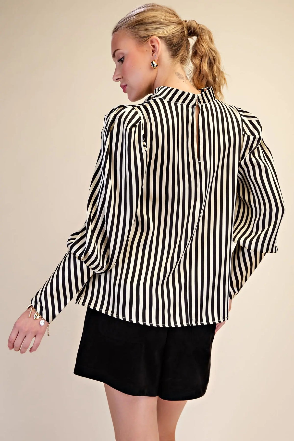 Mock Neck Stain Stripe Blouse