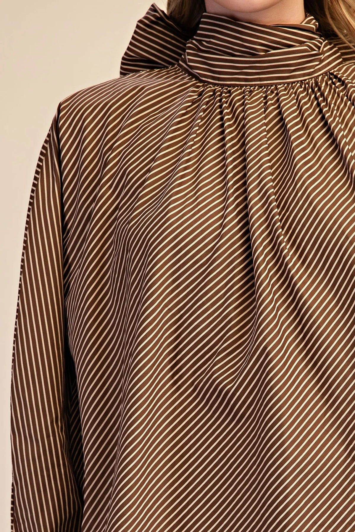 Tie High Neck Stripe Satin Blouse