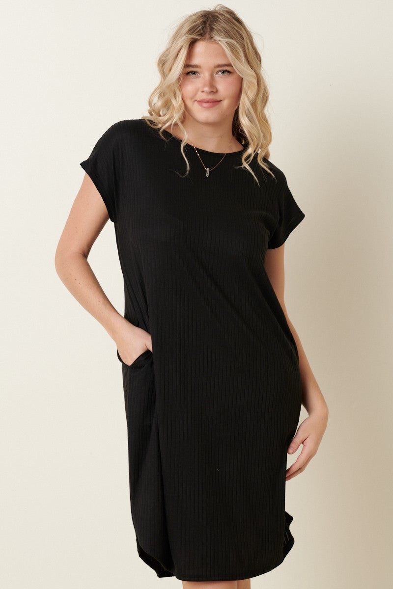 Black Brushed Ribbed Knit Mini Dress