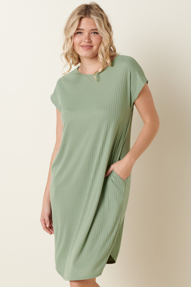 Sage Brushed Ribbed Knit Mini Dress