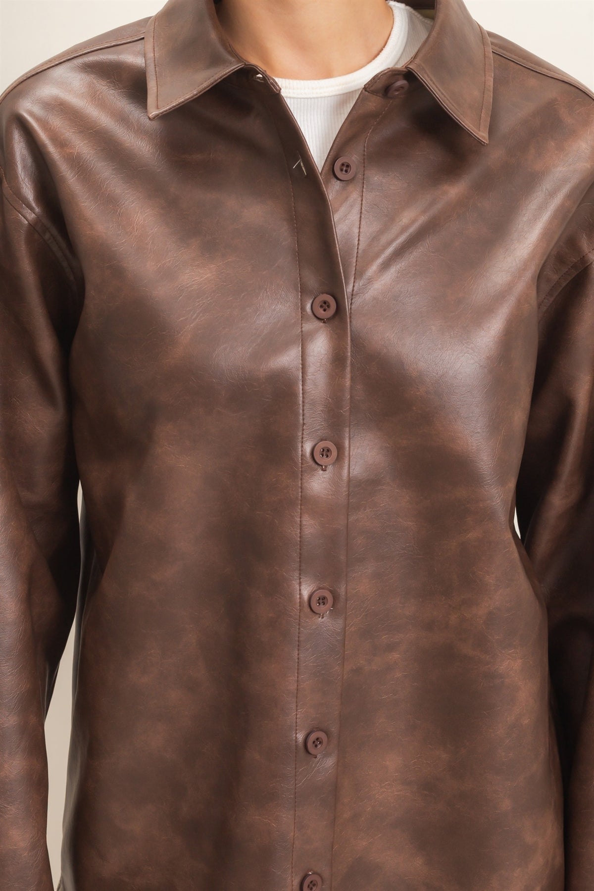 Faux Leather Button-Down Shirt- Brown