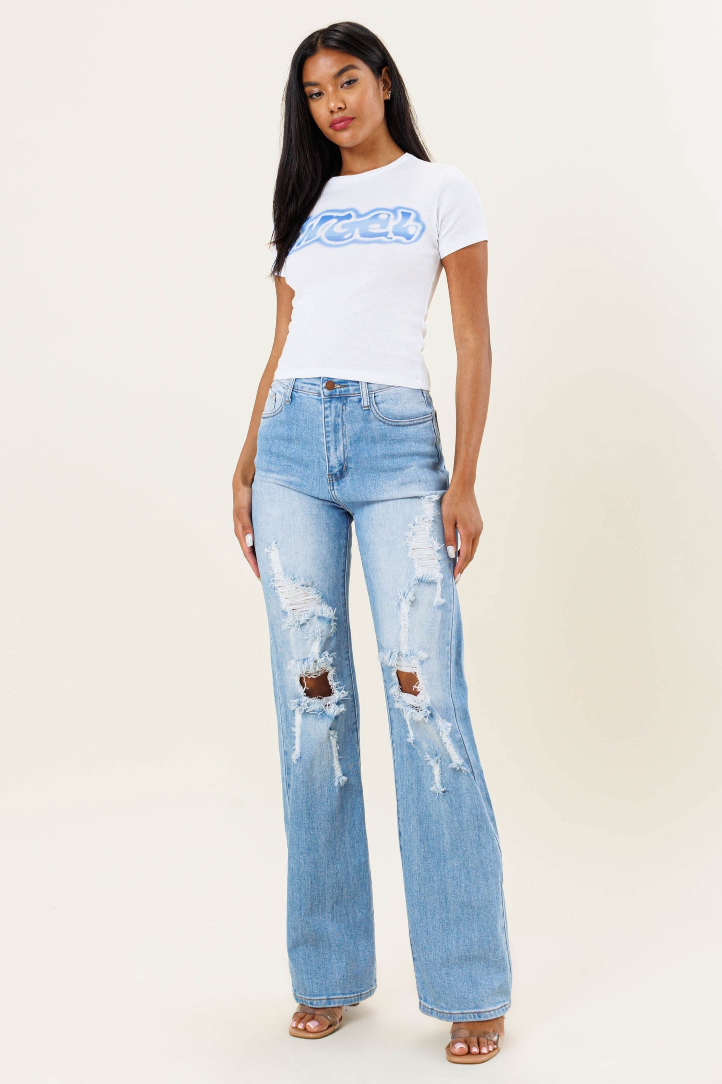 High Rise Wide Leg Distressed Jeans