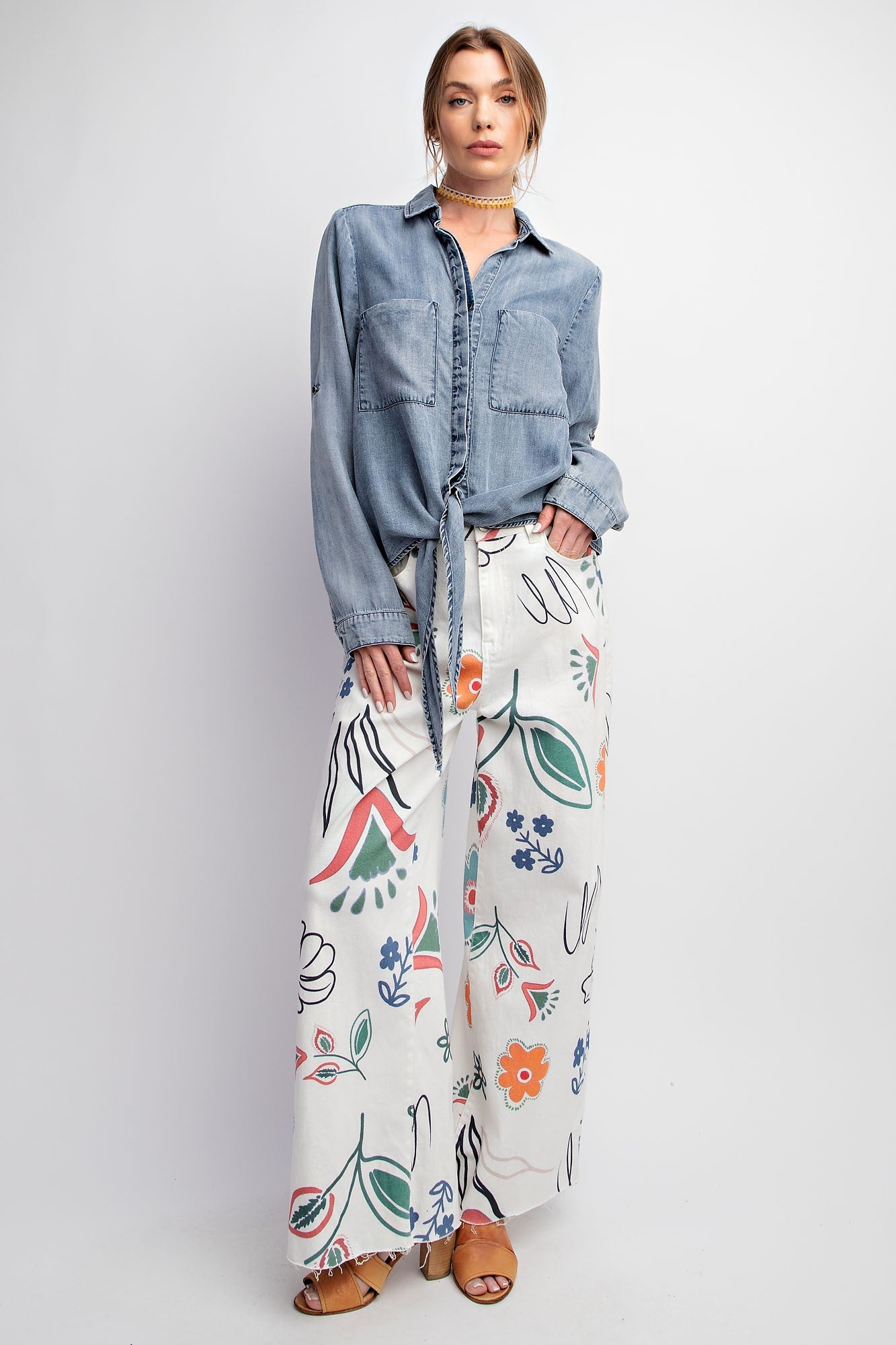 Denim Front Tie Button Down Top