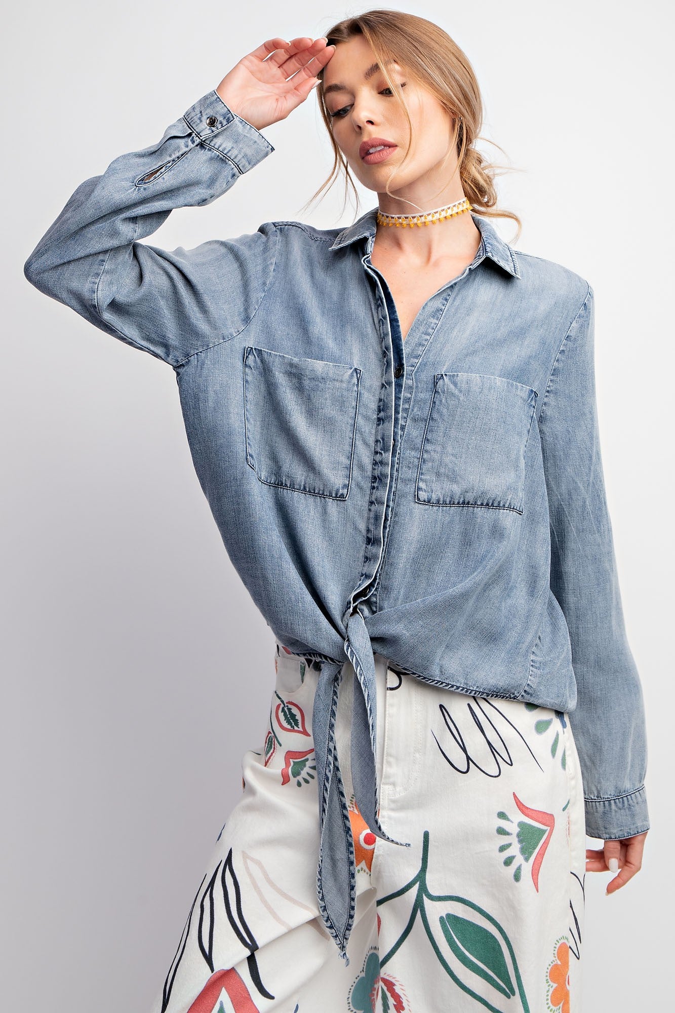 Denim Front Tie Button Down Top