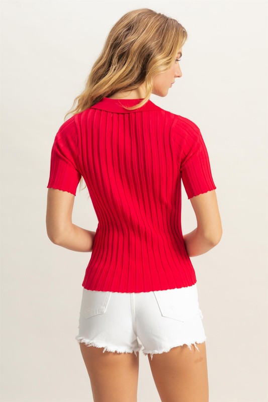 Red Knit Short Sleeve Polo Top