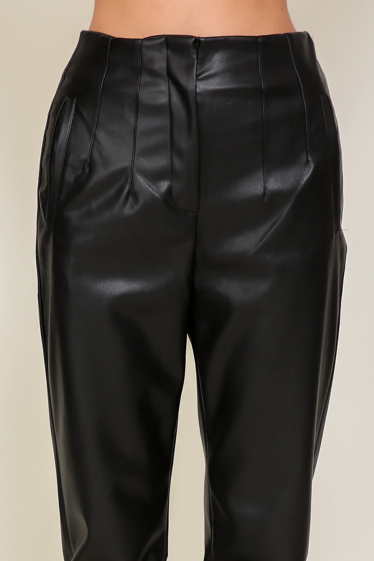 Black Pleated High Waist Faux Leather Trousers