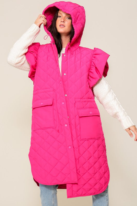 Hot Pink Ruffle Cap Sleeve Quilted Midi Jacket