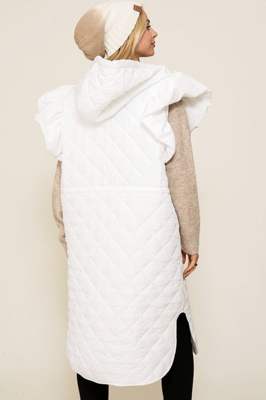 Off White Ruffle Cap Sleeve Quilted Midi Jacket