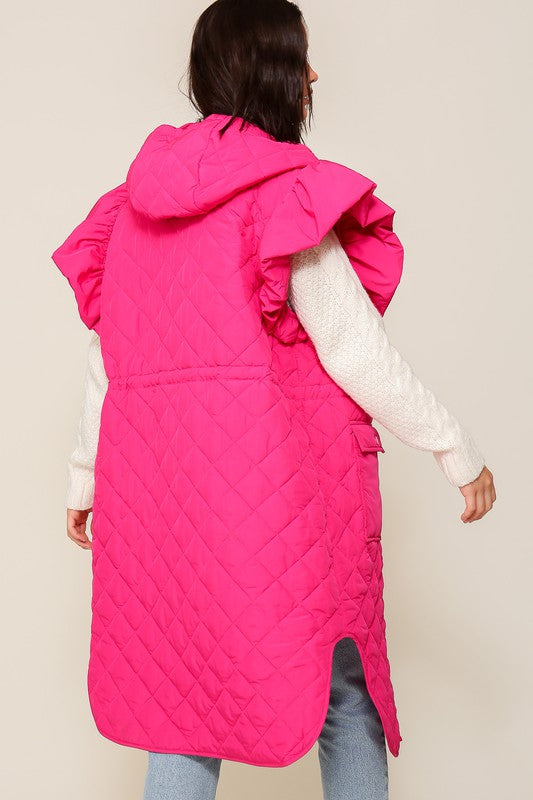 Hot Pink Ruffle Cap Sleeve Quilted Midi Jacket