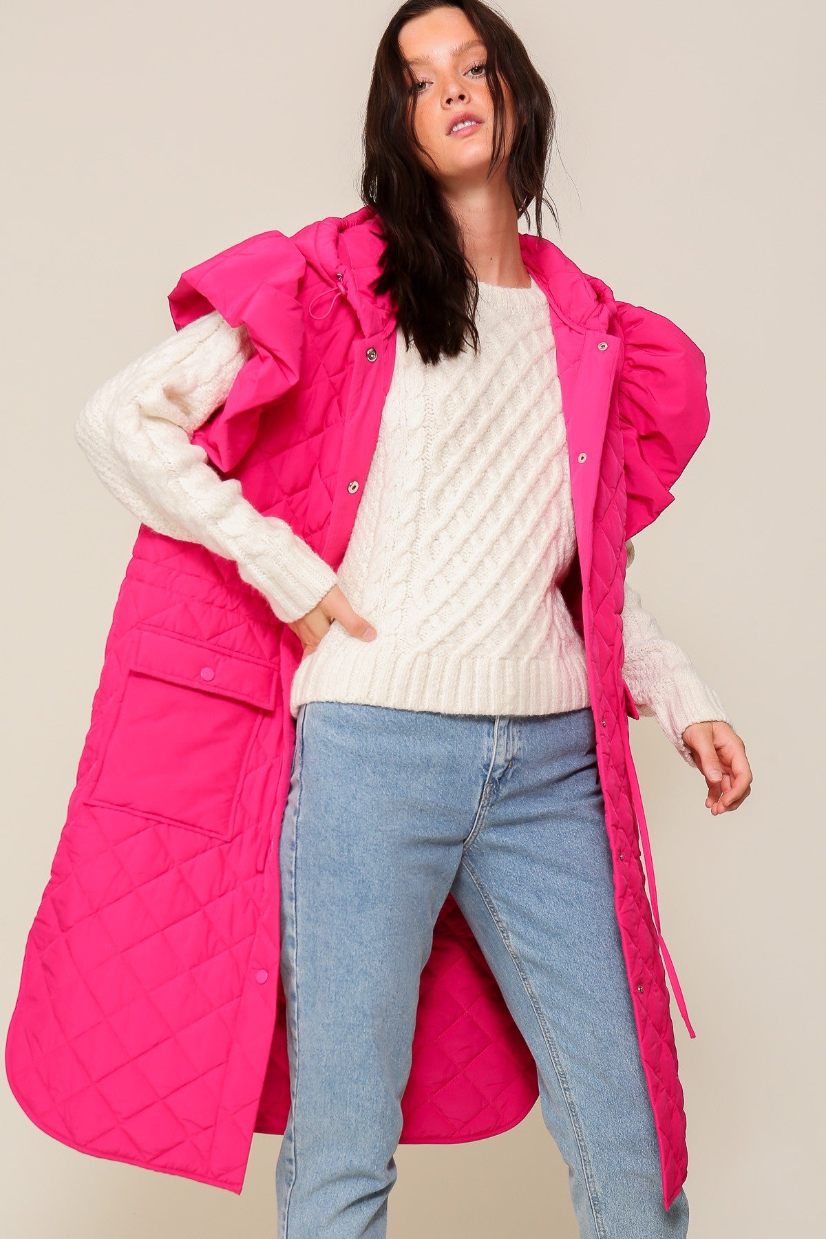 Hot Pink Ruffle Cap Sleeve Quilted Midi Jacket