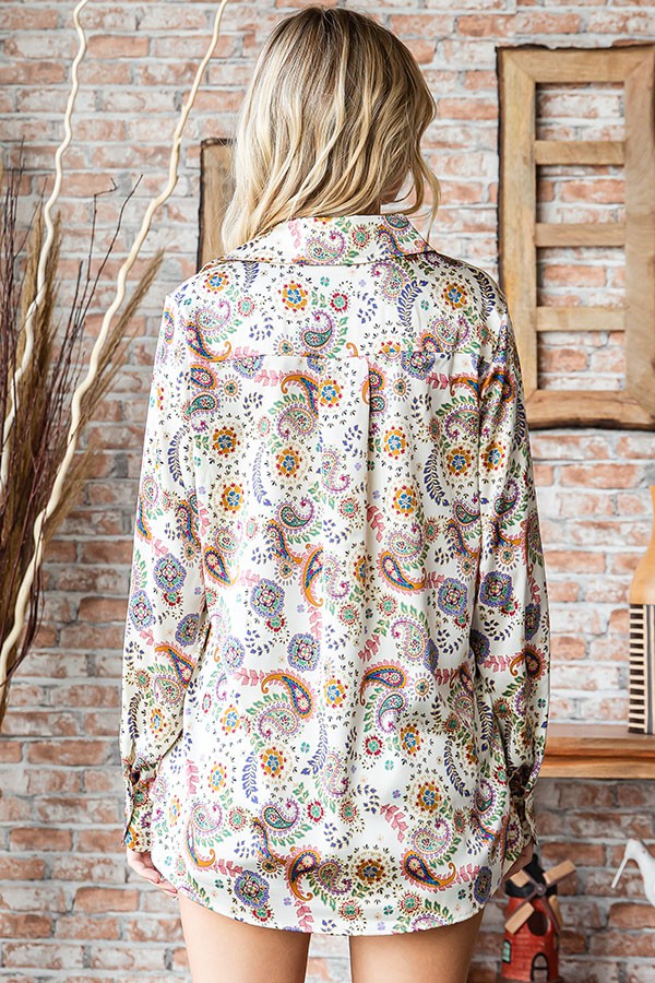 Paisley Print Button Down Shirt- Ivory