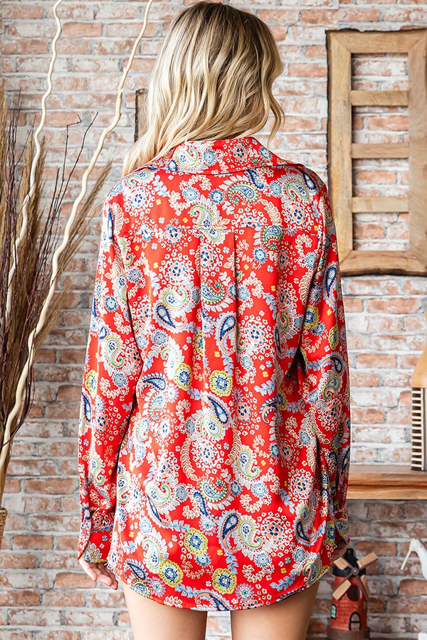 Paisley Print Button Down Shirt- Red