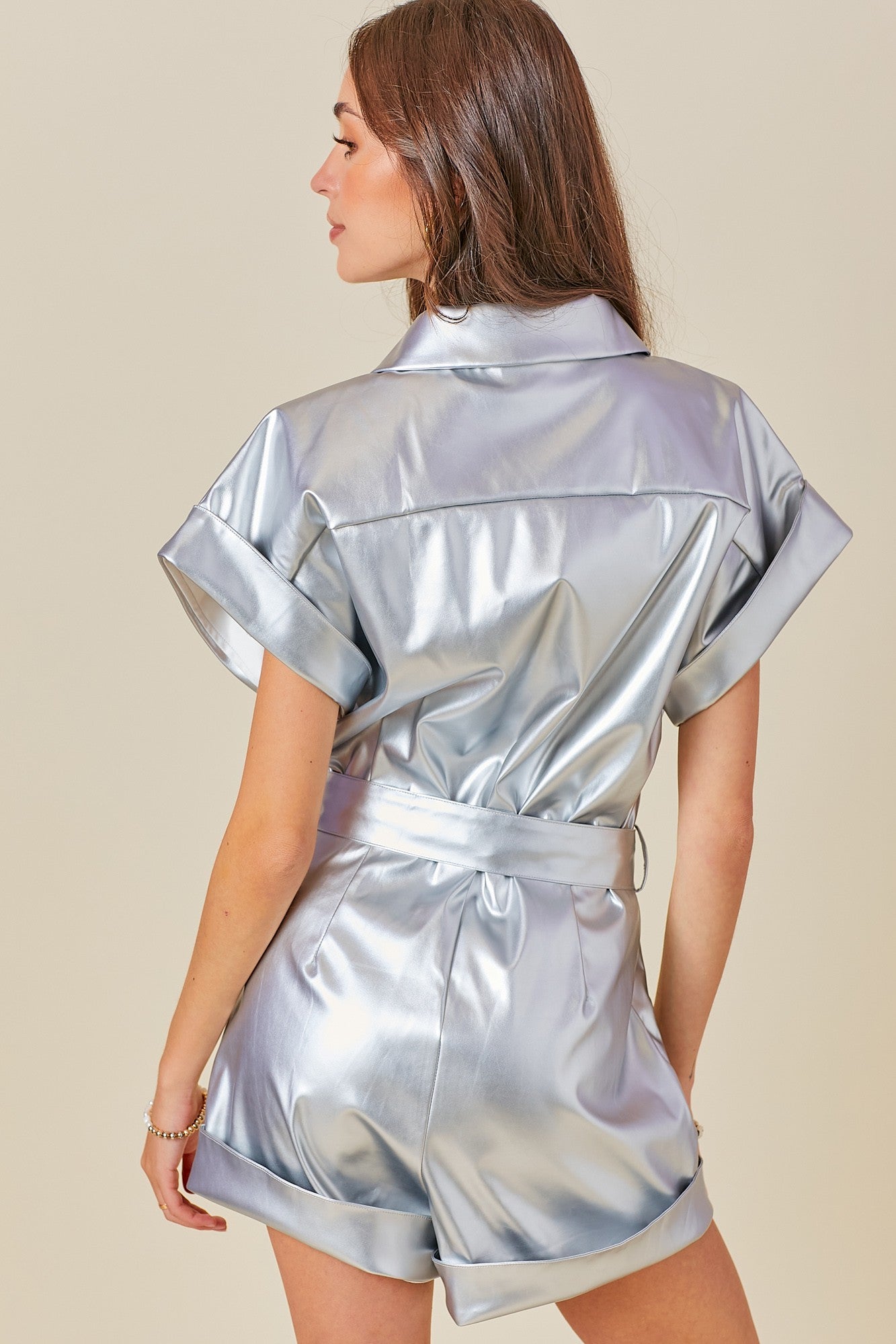 Silver Faux Leather Romper with Tie