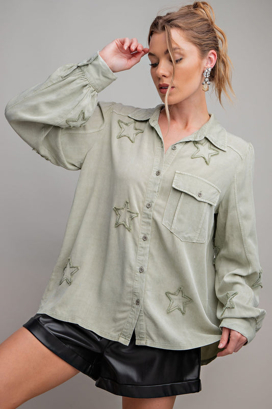 Star Patched Mineral Washed Button Down Top