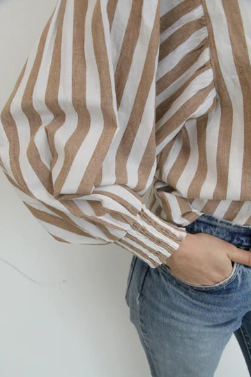 Tan Striped Puff Sleeve Button Up Top