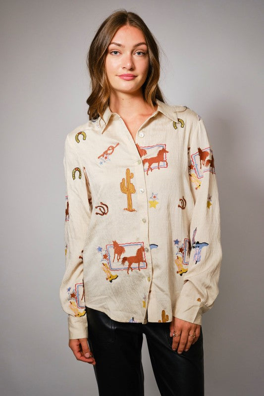 Relaxed Fit Western Embroidered Button Up Top