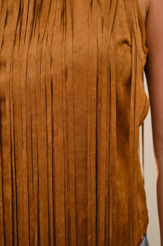 Faux Suede Sleeveless Fringe Top