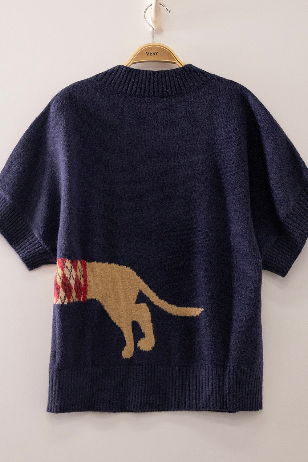 Dachshund Graphic Short Sleeve Sweater-Navy