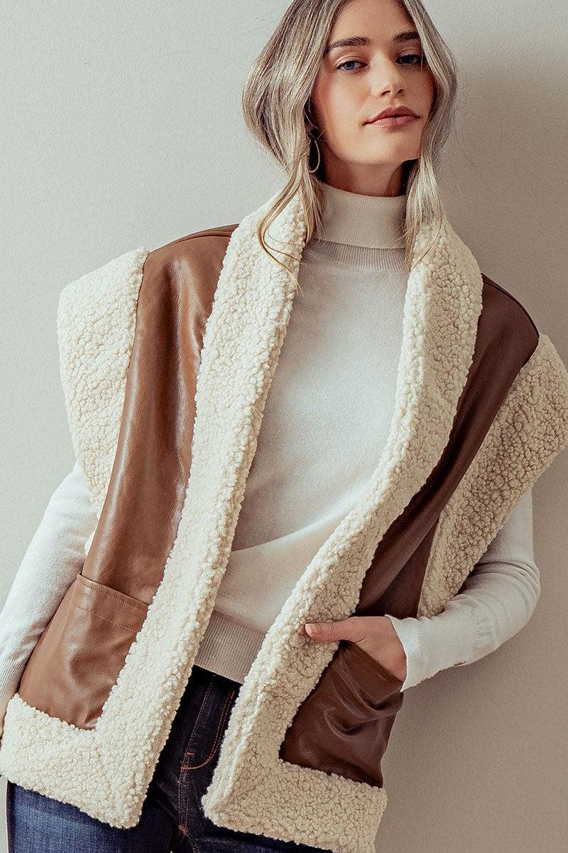 Brown Open Front Sherpa Faux Leather Vest