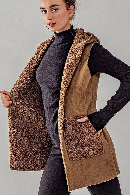 Olive Faux Suede Sherpa Lined Vest with Hoodie