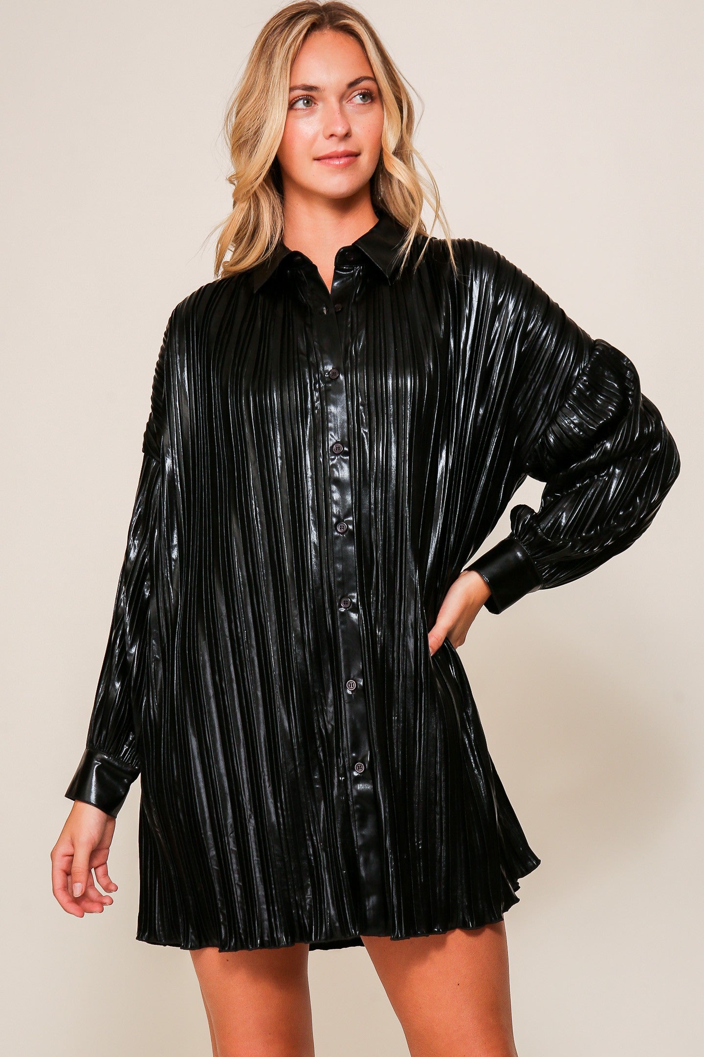 Black Foil Pleated Shirt Dress