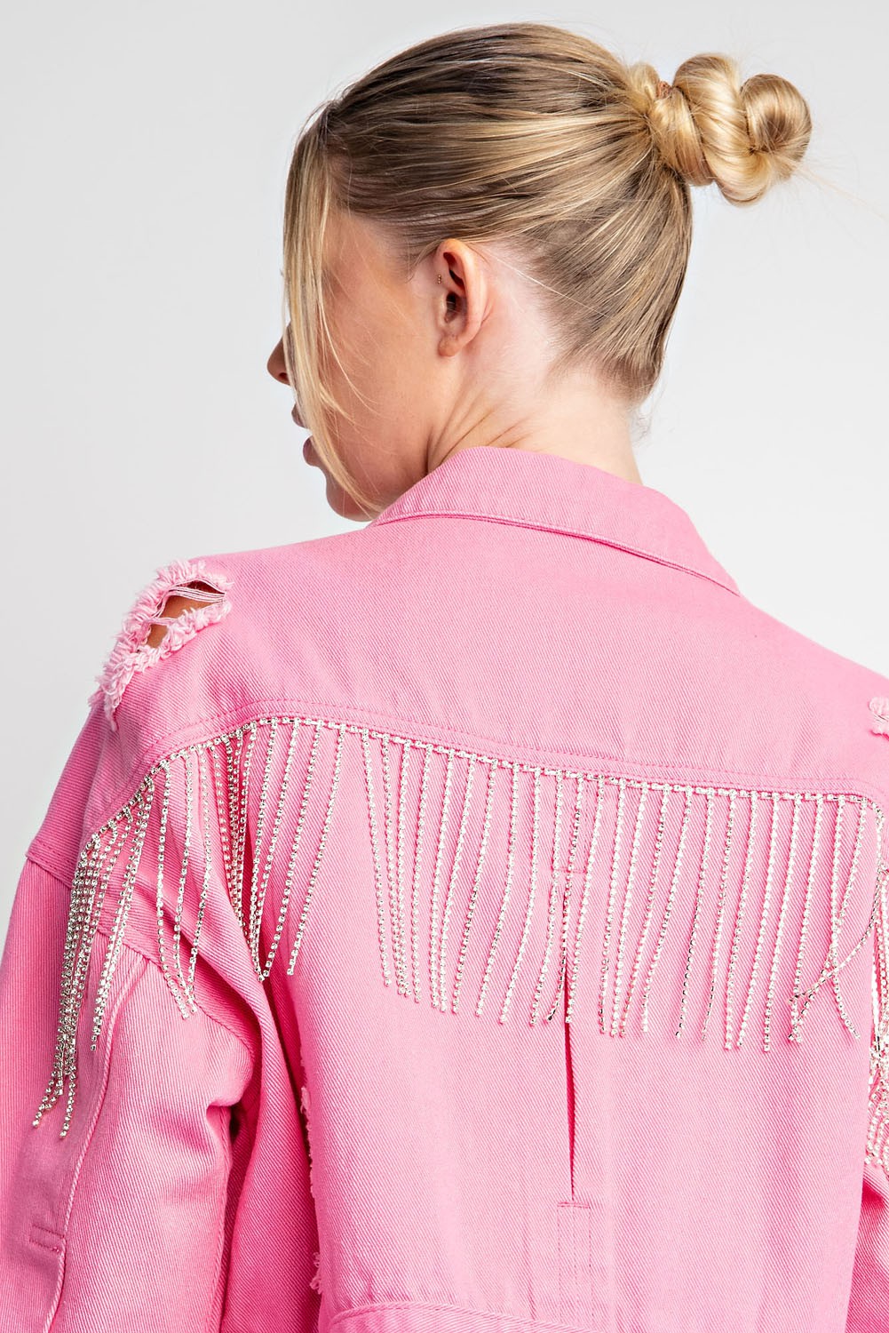 Mineral Washed Bubble Pink Fringe Jacket