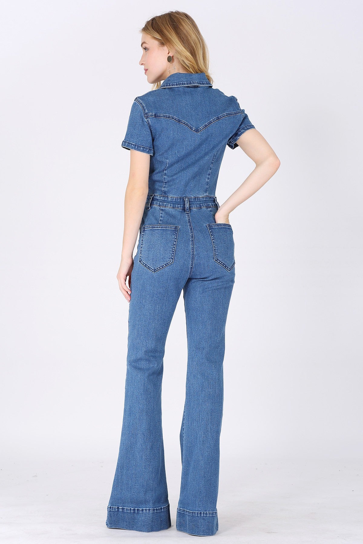 Long Flared Denim Jumpsuit